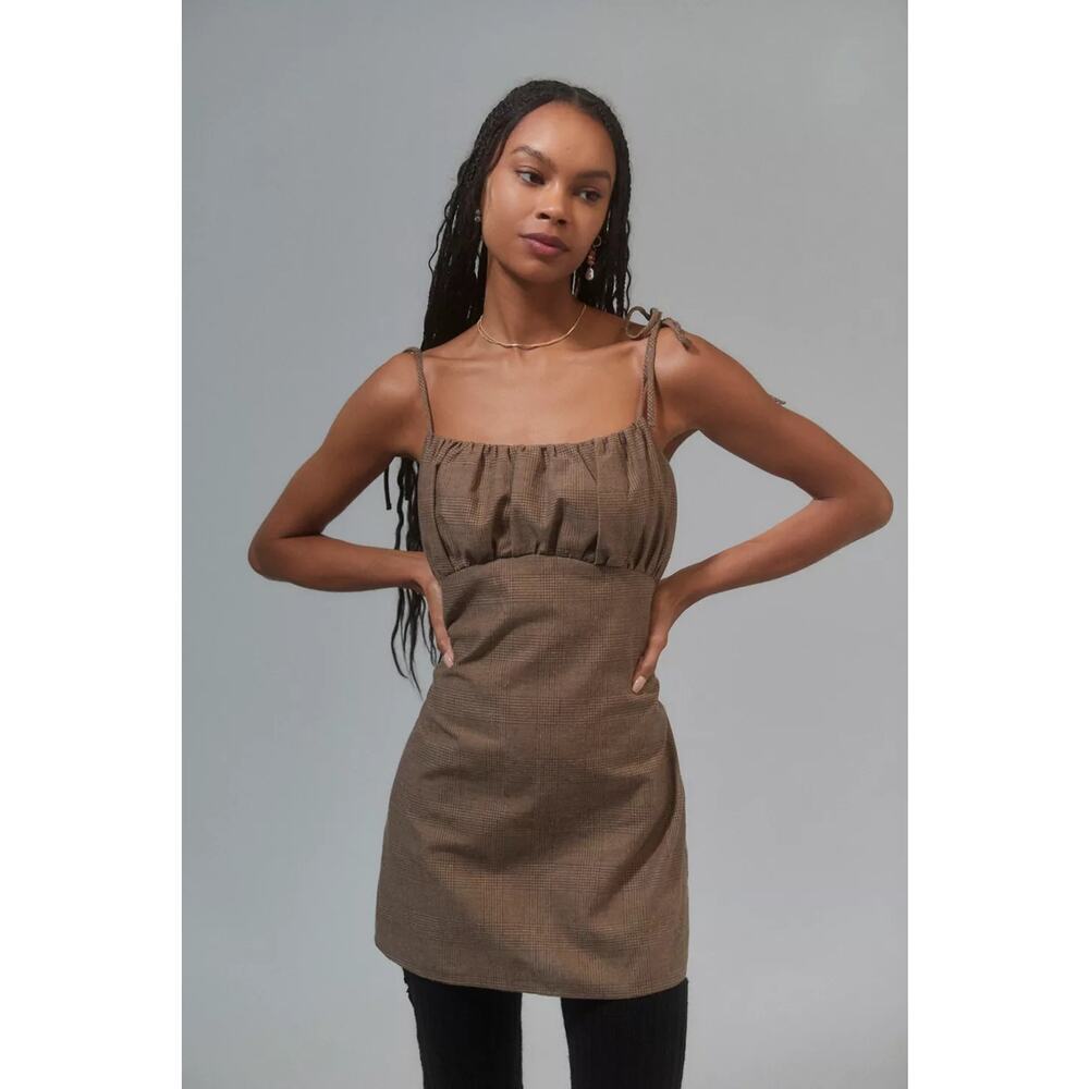 Urban Renewal Brown Plaid Dark Academia Remnants Ruched Mini Dress Size Small